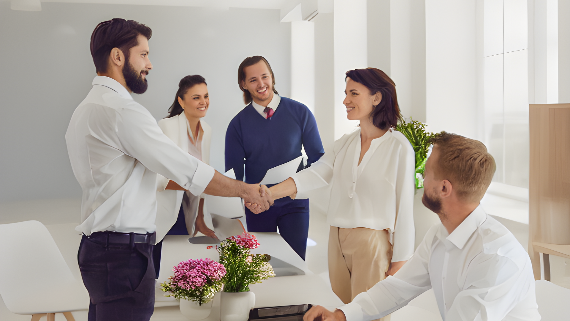 Floral industry job interview: Woman confidently shaking hands with HR interviewer